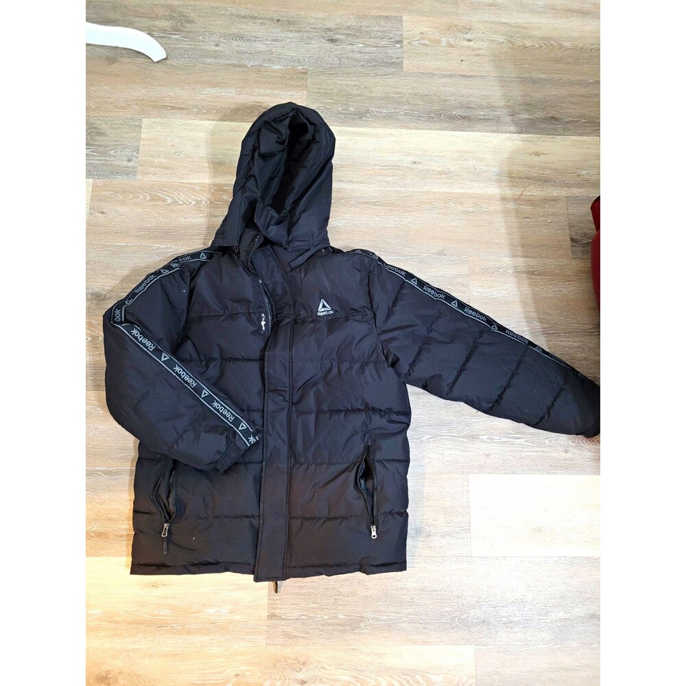Reebok Black Puffer Jacket Full Zip Logo Mens Size M Detachable Hood Heavy